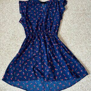 Navy Blue Red Cherry Flared Casual Dress Women L